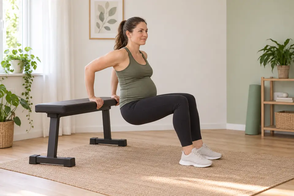 Gravid person visar dips med höften framför en stadig bänk