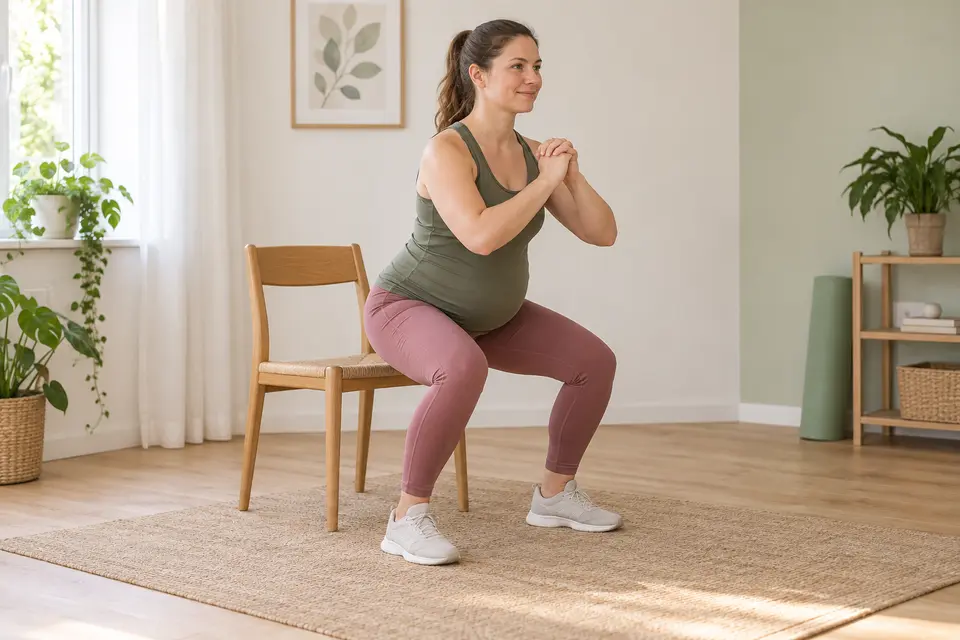 Gravid person visar knäböj mot stol