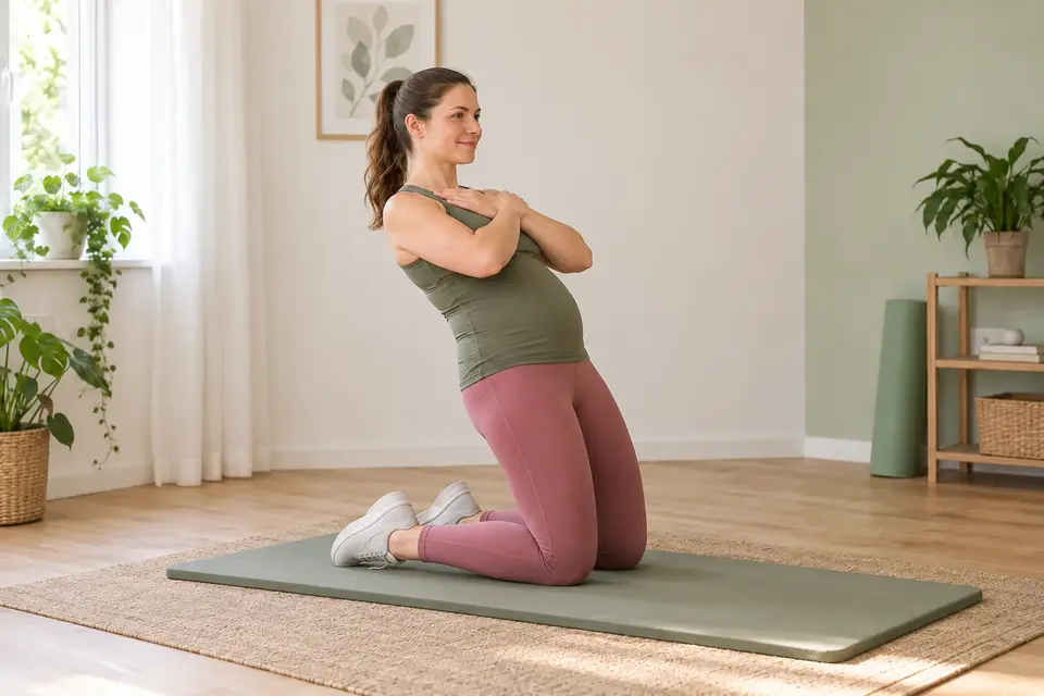 Gravid person visar Reverse Nordic curl på träningsmatta