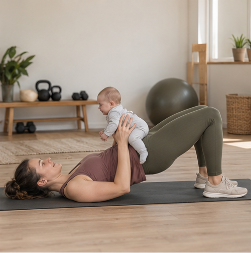 Glute bridge med bebisen säkert stöttad över bäckenet