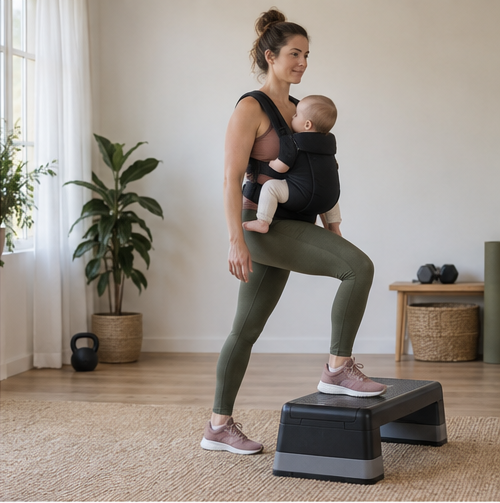 Step-up på låg höjd med bebis i bärsele